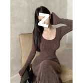 fashion outfits Early Autumn Brown Long-Sleeved Knitted Dress Women's Slim-Fit Draping Tight Waist A- line Midi Dress Retro Elegant Skirt